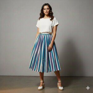 Vintage women's blue white and purple Striped Circle Skirt high waisted small